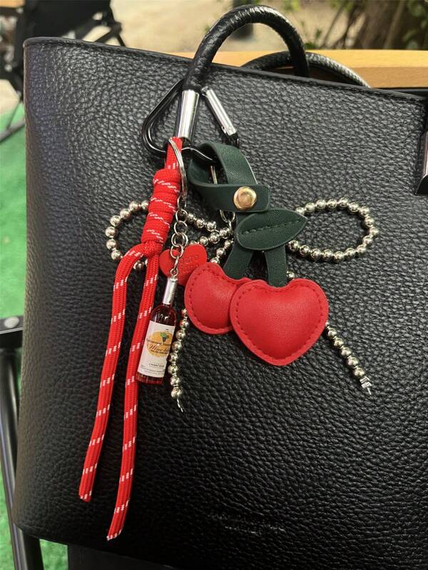 Fun Fruits Cherry Strawberry Bag Charms Keychain & Car Ornament With Braided Rope Silver Beads Bowknot Accessories Ladies Bag Decoration Backpack Decor Keychain For Bag Car Accessories For Women