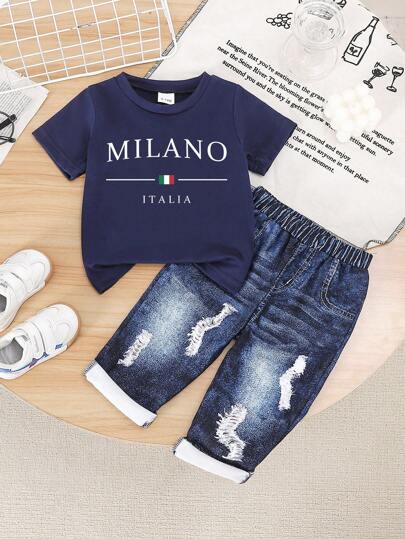 2pcs Baby Boy/Girl Casual Letter & Graphic Print Short Sleeve T-Shirt And Pants Set, Comfortable & Lightweight For Summer