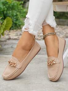 Women's Spring New Gold Chain Elegant Slip-On Loafers, Lightweight Comfortable Versatile Rubber Flat Shoes