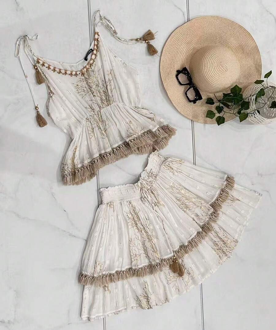 STRAP TOP AND EMBROIDERED SKIRT SET Glitter Colorblock Bohemian Simple Casual Soft Ruffle Hem Fringed Embroidery SET Beach Party Night Home SPRING SUMMER