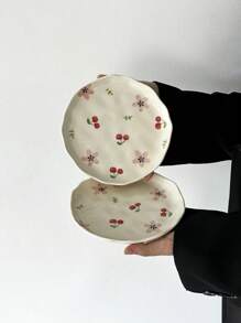 1pc Ins-Style Handpainted Asymmetrical Ceramic Plate, Cute Cartoon Cherry Heart Plate, Dessert Snack Dish, Afternoon Tea Cake Plate, Western Dinnerware, Steak Pasta Plate, Fruit Salad Plate, Holiday Gift For Family & Friends