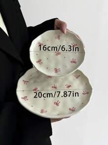 1pc Ins-Style Handpainted Asymmetrical Ceramic Plate, Cute Cartoon Cherry Heart Plate, Dessert Snack Dish, Afternoon Tea Cake Plate, Western Dinnerware, Steak Pasta Plate, Fruit Salad Plate, Holiday Gift For Family & Friends