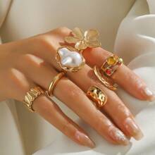 6pcs/Set Vintage Elegant Baroque Irregular Geometric, Floral Faux Pearl Colorful Faux Gemstone Textured Heart Metal Adjustable Rings Set, Suitable For Women's Daily And Party Wear, Gifts, All Seasons