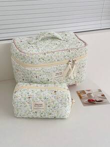 1件/套 花卉图案灯芯绒化妆包，多功能化妆品收纳袋，便携式拉链化妆品整理包，可收纳化妆品、护肤品、口红、化妆刷、护手霜、耳机、硬币、钥匙、小物件，适合居家、旅行、度假、上学、化妆包、洗漱包、旅行必备、邮轮必备、宿舍必备、伴娘礼物、母亲节礼物、生日礼物、送给朋友和老师的礼物 - 綠色 - 查看 14