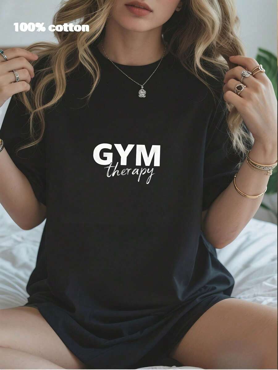 Gym Therapy Graphic T-Shirt - Casual Crew Neck 100% Cotton Tee, Soft And Breathable, Relaxed Fit Summer Top - Perfect For Workout, Fitness, Gym Lovers, Everyday Wear._90s Pop Retro All Genders - 黑色 - 查看 1