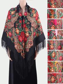 1pc Women's Autumn/Winter Bohemian Style Printed Square Scarf, Large Size Tassel Shawl Wrap Handkerchief, Multi-Scenario Use - Multicolor - View 1