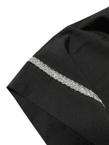 女士时尚百搭修身优雅纯色梭织面料口袋休闲日常、夜间外出、旅行春秋季亮片喇叭裤 - 黑色 - 查看 5