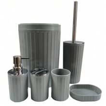 6er Badezimmer Accessoires Set, Kunststoff & Bambus Bad Ensemble Kit mit Seifenspender, Zahnputzbecher, Zahnbürstenhalter, Seifenschale, Toilette-Bürste & Halterung, Mülleimer, Geschenkset für Geburtstag, Feiertage, Einweihung, Weihnachten, in den Farben Schwarz, Weiß und Grau erhältlich