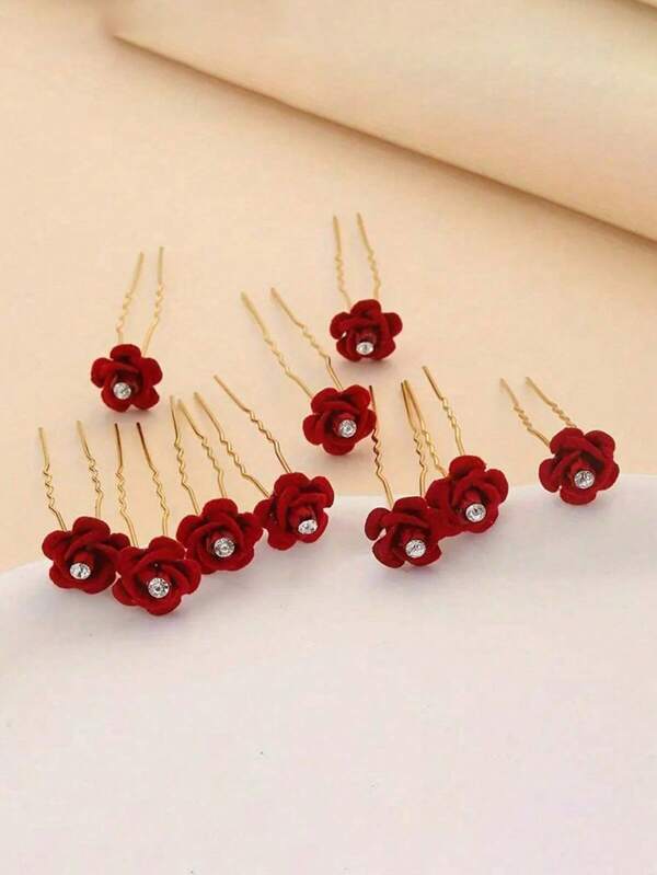 10/20pcs Cross-Border Bride Bun Hairstyle Red Plum Blossom Hair Accessories Chinese Style Flower Hair Clips, Hot Selling Hairpins