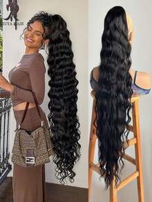 40 Zoll Clip-On Pferdeschwanz Perücke - Extra langes welliges lockiges Haar, sicheres Clip-Design, romantische wellige Textur, mehrschichtig flauschig & natürlich, perfekt für Alltag, Party und Fotoshooting. Dieses elegante & voluminöse lockige Haar-Accessoire eignet sich für Halloween- und Weihnachtspartys, passend zu verschiedenen Hautfarben, ein Muss-haben Artikel für Modebewusste. - Verschiedenfarbig - Übersicht 12