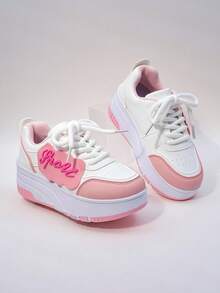 Kids Wheeled Skate Shoes, 4 Wheels Removable Dual-Use Athletic Sneakers, Lace-Up Heelys Roller Skate Shoes, Fashion Casual Shoes For Boys & Girls, Children Students - Pink - View 9