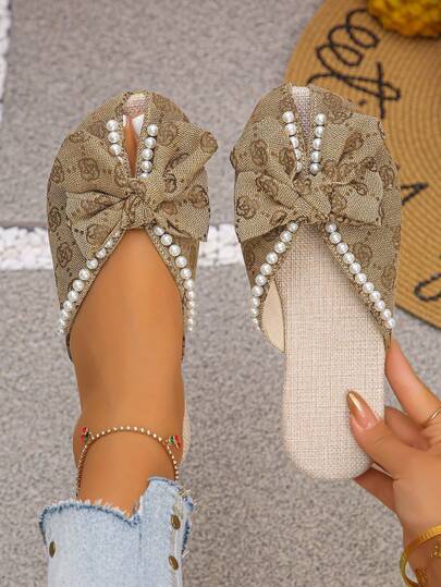 Women's Fully Printed, Pearl Embellished Bow Decor Flat Sandals, Fashion Outdoor Slippers, Round Toe Slide Sandals, Suitable For School, Work, Dorm, Vacation, Beach