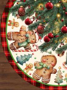 Fustă de brad de Crăciun, model drăguț cu omuleț de turtă dulce și garnitură în carouri roșii, pânză decorativă pentru brad de Crăciun, decor pentru casă pentru petrecerea de Crăciun