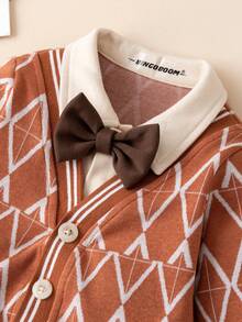 几何图案宝宝绅士服春秋长袖系带连体裤，易于穿着（适合宝宝派对和各种场合） - 亮橙色 - 查看 3