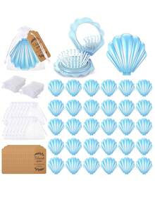 18件/6套 - 婴儿派对回礼、性别揭晓派对用品、迷你折叠旅行梳带镜子贝壳形口袋化妆镜、婚礼派对宾客回礼梳子套装（含感谢卡和欧根纱袋） - 藍色 - 查看 3