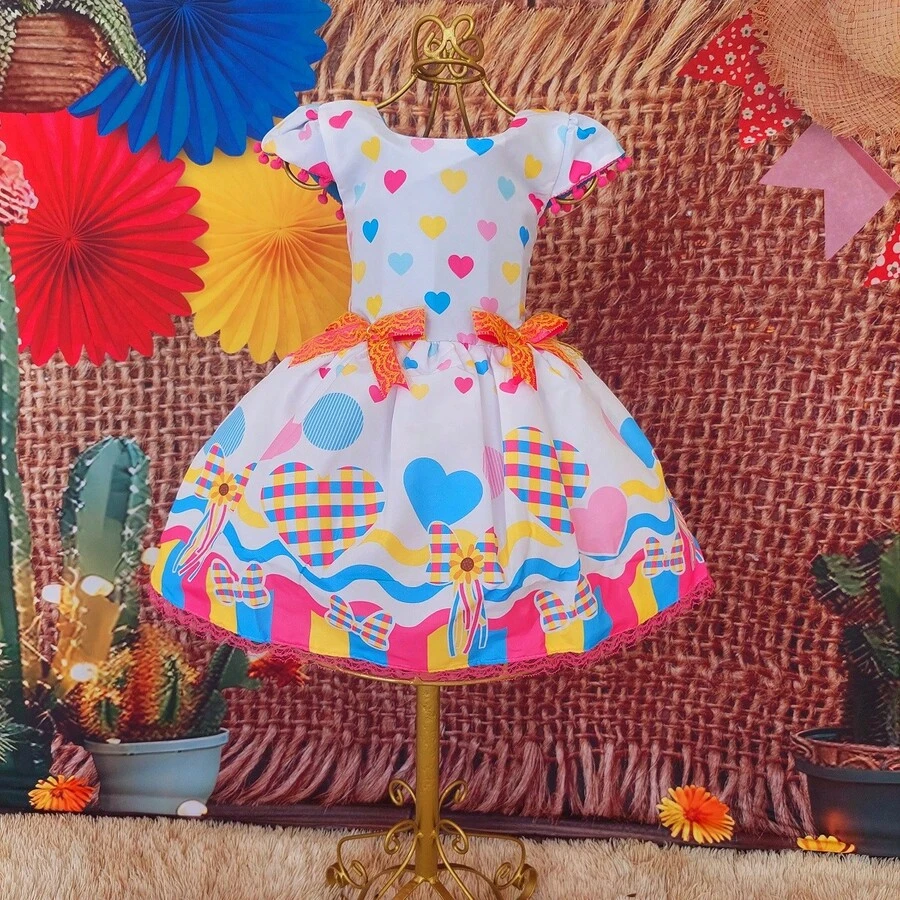Children's Dress June Party Caipira Saint John Plaid Bow Square Dance School Fair Arraiá Northeast Costume Popcorn Queen Little Girl Girl Festivity Ruffle Youth Typical June Party - trắng - Xem 1