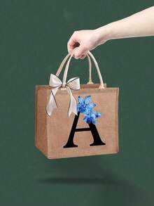 1pc Sunflower & Daisy Letter Print Linen Tote Bag, Women's Fashion Linen Shopping Bag/Handbag/Grocery Bag, Teacher's Portable Tote Bag, Ideal Shopping Tote/Lunch Bag, Great Gift For Women, Mothers, Teachers, Friends, Bridesmaids, Lovers, Students, Suitable For Dates, Birthdays, Holidays, Back To School, Vacation, Beach, Travel, Commute, Business, Students, Picnics, Camping, Supermarket, Daily Use - Khaki - View 8