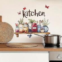 Self-Adhesive Kitchen Wall Sticker - Tropical Plants & Leaves Pattern, Multi-Surface Plastic Decal Suitable For Glass Bottles, No Residue Home Decor (Asymmetrical Shape, Glossy Effect), Kitchen Wall Sticker, Vibrant Butterfly Pattern Wallpaper Wall Paper Wall Stickers Wall Decor Room Decor Wallpaper Stickers Wall Bedroom Decor Kitchen Decor Halloween Halloween Decor