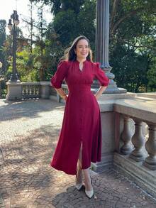 PLAIN MIDI DRESS Button WOMEN'S FASHION Daily - 酒紅色 - 查看 4