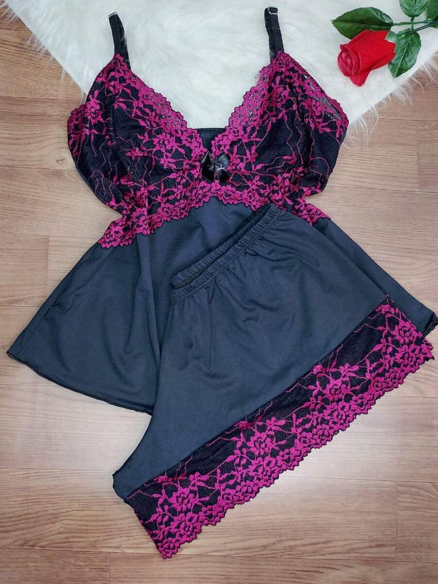 Short Doll Women's Pajama Set/ Two-Tone Lace - Violet Purple - View 1