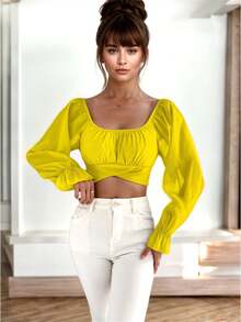 Blusa de Manga Abullonada Semitransparente con Escote Cuadrado para Mujer - Amarillo - Ver 1