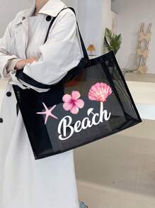 1pc/2pcs Set Breathable Beach Mesh Tote Bag, Beach Vacation Patchwork Design, Ocean, Starfish, Pearl Print & Letter Pattern, Large Capacity Mesh Tote Bag, Multifunctional Large Capacity Polyester Mesh Shoulder Tote Bag And Cosmetic Bag Set - Beach Vacation Storage & Shopping - Suitable For Teenage Girls And Women - Black - View 9