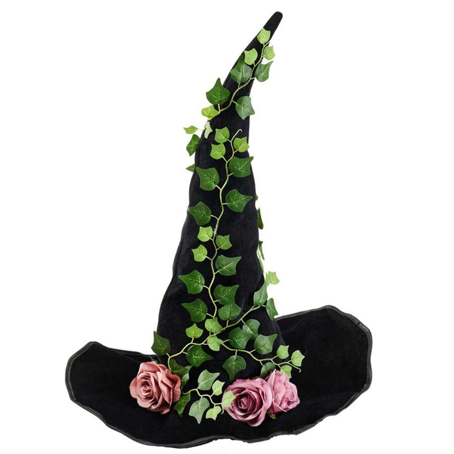Halloween Witch Hat Gothic Flower Climbing Vine Wizard Hat Pointed Cap For Adults, Cosplay Costume Accessories - màu đen - Xem 1