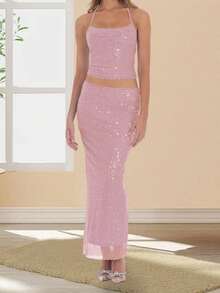 Women Sequin 2 Piece Set Tie-Up Halter Neck Open Back Crop Tops Low Rise Long Bodycon Skirt For Party Club - Hồng - Xem 2