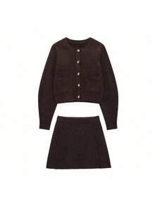 DEEKA Autumn/Winter New Women's Gold Button Crew Neck Fitted Long Sleeve Knit Cardigan & High Waist Elastic Mini Skirt Set - Brown - View 10