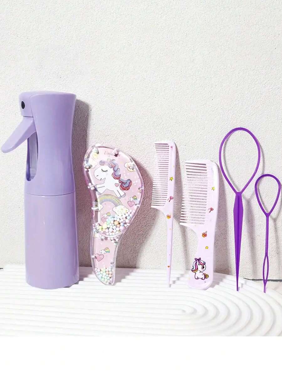 6 件套美发套装，含发刷、2 把梳子、200 毫升喷雾瓶和 2 个造型工具，适用于家庭沙龙，卡通设计梳子套装，美发套装，美发工具套装，美发套装，发饰