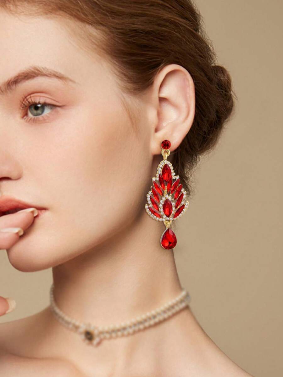 2 件欧美时尚水晶吊坠耳环，女士长款闪亮奢华方晶锆石耳环，新娘婚礼耳环