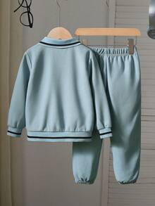 Toddler Boys Fresh Blue Outfit - Half-Open Collar Long Sleeve Polo Shirt + Contrast Trim Jogger Pants, Fashionable & Energetic Set Suitable For Spring/Autumn School, Outdoor, Casual Wear