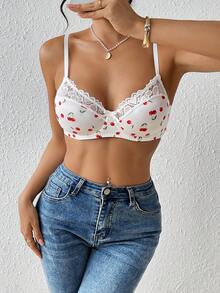 1 pieza Sujetador sexy con aros y relleno con encaje floral de cereza lindo para mujeres