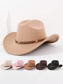 1pc Western Cowboy Hat For Halloween, Unisex Felt Soft Fedora Hat With Leather Band, Suitable For Music Festivals - Style 1 - View 1