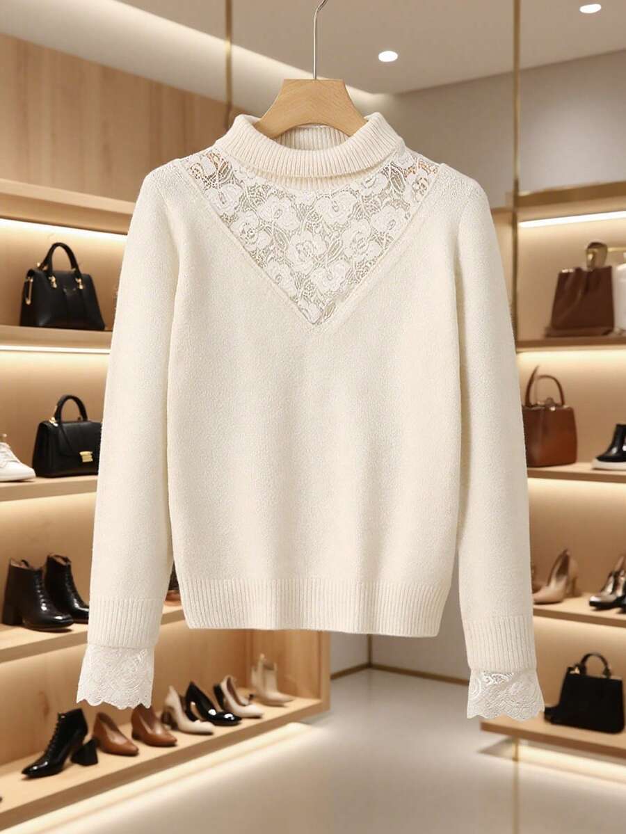 Turtleneck Lace Patchwork Women Pullover Sweater, Solid Color Knitted Openwork, Suitable For Everyday Wear, Autumn/Winter, Back To School, Halloween, Christmas