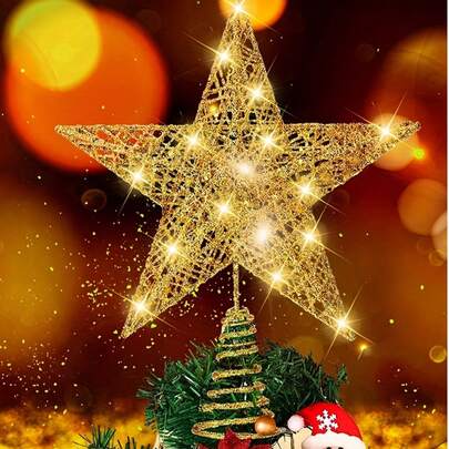 1个LED星形圣诞树顶饰，金色金属材质，带20个LED灯，闪亮星形树顶饰，适用于圣诞树装饰、节日派对室内/室外装饰、家居装饰