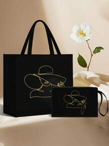 印花手提袋，金色印花女士手提袋套装，手提袋和化妆包，轻便大容量手提袋，可重复使用购物袋，便携式旅行沙滩包（含化妆包），生日礼物，教师节礼物，护士节礼物，周年纪念礼物，最佳礼物，度假风字母设计购物袋 - 彩色 - 查看 3