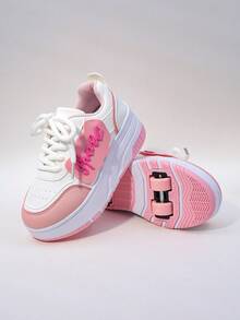 Kids Wheeled Skate Shoes, 4 Wheels Removable Dual-Use Athletic Sneakers, Lace-Up Heelys Roller Skate Shoes, Fashion Casual Shoes For Boys & Girls, Children Students - Pink - View 4