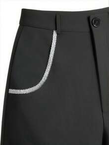 女士时尚百搭修身优雅纯色梭织面料口袋休闲日常、夜间外出、旅行春秋季亮片喇叭裤 - 黑色 - 查看 6