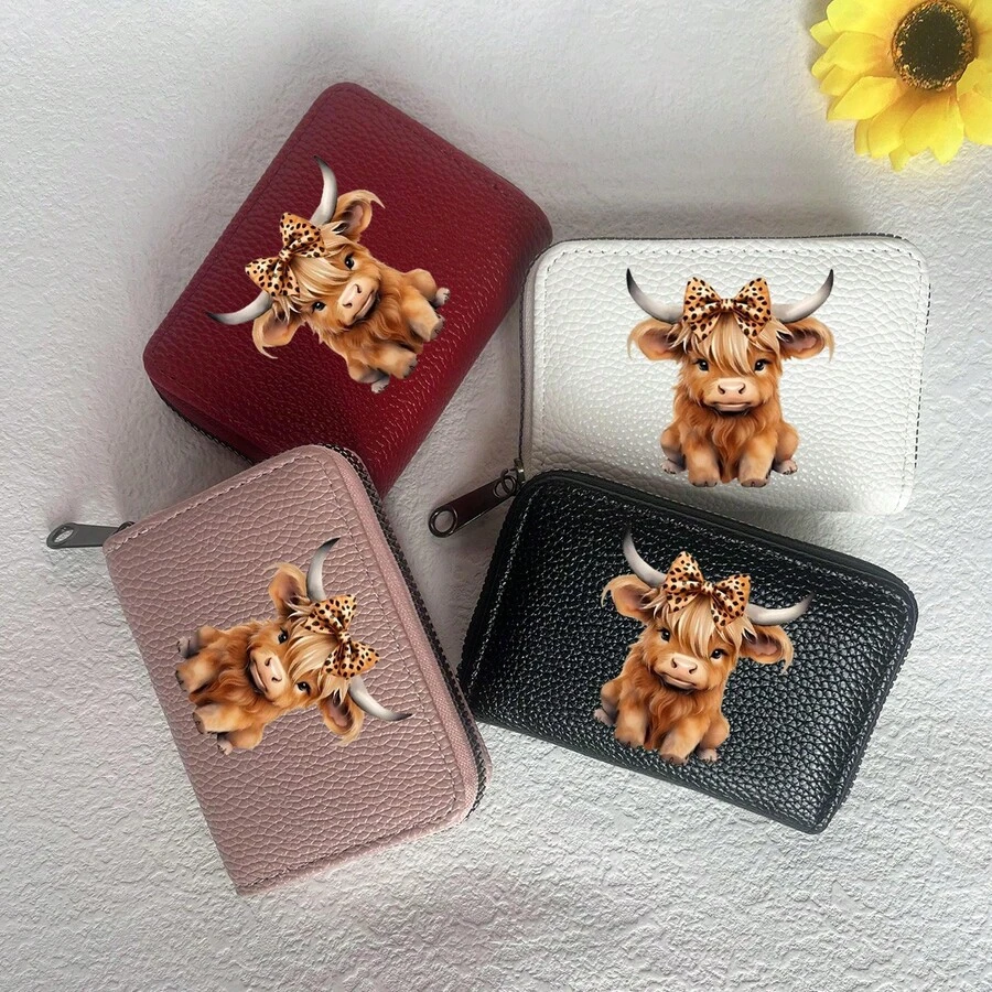 高地牛印花卡包 可爱蝴蝶结豹纹设计 高地牛图案 轻便时尚钱包 适合女性日常使用 钱包 迷你钱包 零钱包 卡包