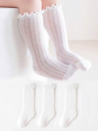 3 双蕾丝边白色踝袜，透气中筒袜，适合儿童，甜美公主风格