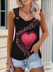 Top sin mangas de escote en V con estampado de corazón 3D para mujer, lavable a máquina, adecuado para actividades al aire libre de verano y uso casual, camisa casual de verano con estampado de corazón