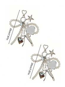 1pc Unisex Y2K Cute Beaded Bow Pendant, Fashionable Heart-Shaped Large Bag Pendant, Fashionable Heart-Shaped Rotating Mirror Pendant, Silver Heart-Shaped Swivel Hook Design, Spring Clasp, Starfish, Bow And Heart Element Phone Charm Keychain - Multicolor - View 12