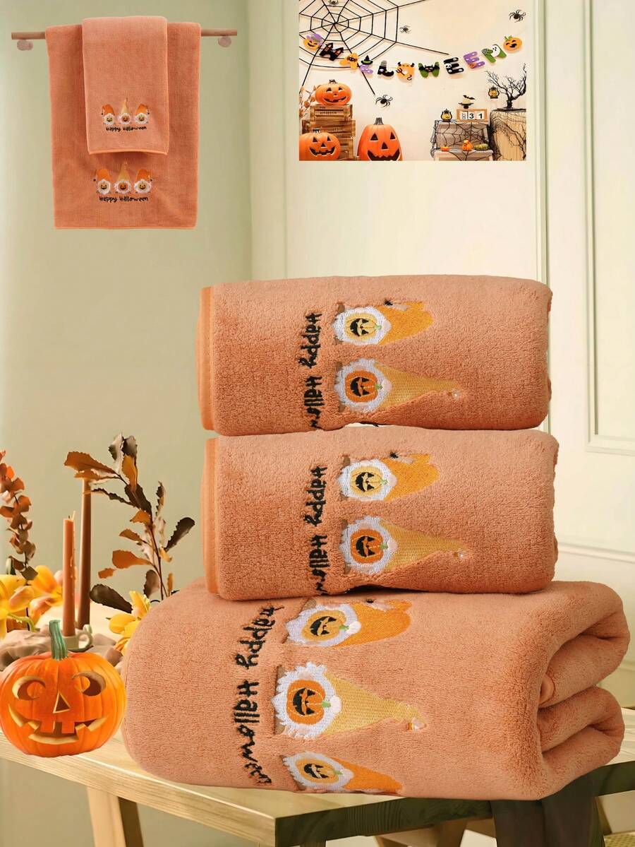 1/3件万圣节珊瑚绒刺绣南瓜，秋季装饰，毛巾或浴巾，南瓜，节日礼物，万圣节快乐，节日礼物 - 橘色 - 查看 1