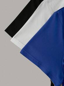 3pcs  set pack conjunto camiseta casual de mujer de unicolor, cuello redondo, manga corta, versátil - Azul - Ver 3