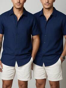 Kit Of 2 Men's Short Sleeve Linen Shirts, Fresh Viscolinho, Social Fashion, Elegant Italian Collar, Old Money - 2 Màu xanh - Xem 1