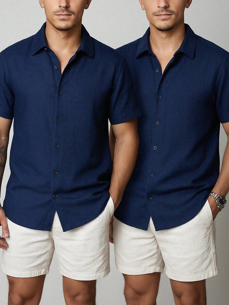 Kit Of 2 Men's Short Sleeve Linen Shirts, Fresh Viscolinho, Social Fashion, Elegant Italian Collar, Old Money - 2 Màu xanh - Xem 1