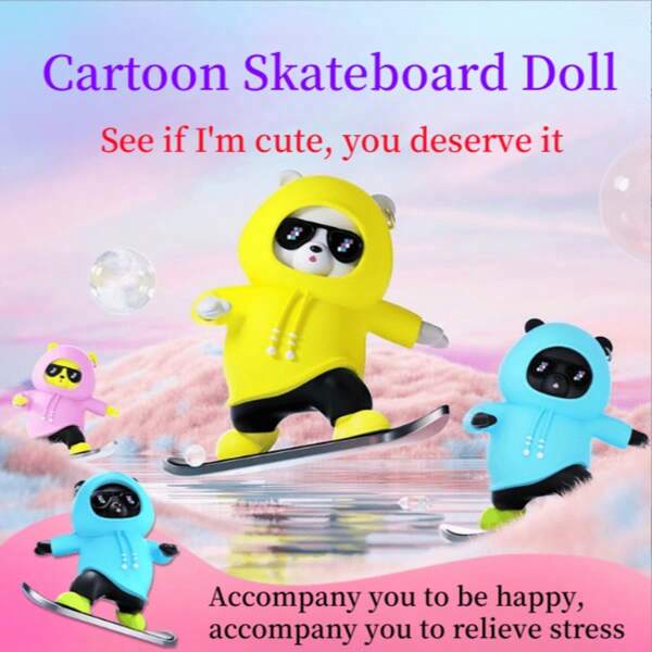 Een skateboardbeer op een auto, schuifornament, bewegend autonummerornament, cartoon interieurdecoratie voor auto's, ornament met centraal bedieningsscherm