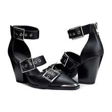 Western Chunky Sandals For Women Pointed Toe Block Heels Faux Leather Metal Buckle Strappy Pumps Ankle Strap Western Sandals - 黑色 - 查看 8
