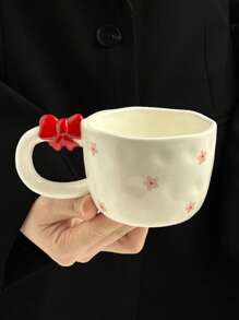 1pc French Ins-Style Handpainted Embossed Bow Ceramic Cup, Cute Polka Dot Floral Mug, Asymmetrical Water Cup, Home Afternoon Tea Coffee Cup, Latte Art Cup, Design Handmade Cup, Dessert Cup, Water Mug, Breakfast Milk Cup, Gift Cup Back To School - Multicolor - View 14